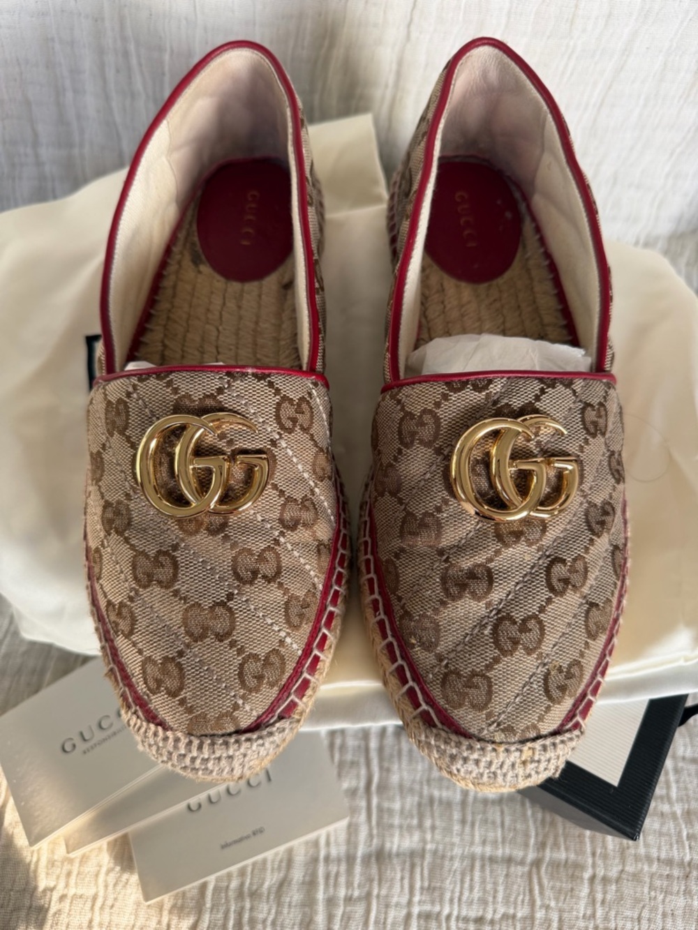 Gucci GG Canvas Espadrille Loafers with Red Trim and Gold Hardware - Picture 2 of 13